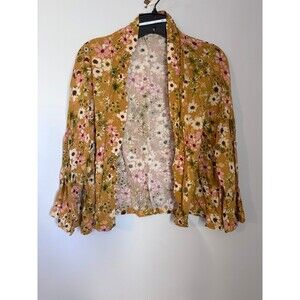 Sonoma Mustard Yellow Floral Print Cropped Cardigan fits like small